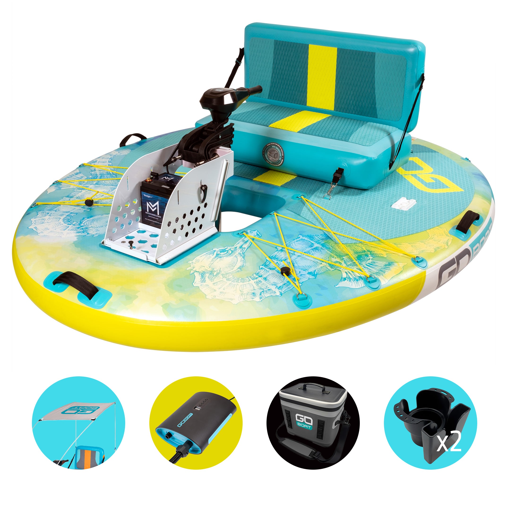 GoBoat Ready bundle — a complete electric boat package under $3,000 with battery, canopy, cooler, and cup holder
