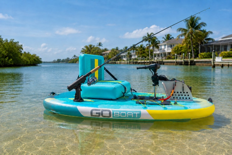 A GoBoat rigged with a fishing rod holder and trolling motor on the clear Intracoastal Waterway