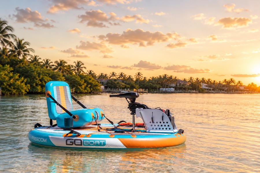 A GoBoat Freedom drifting on the calm Intracoastal at golden-hour sunset, palms and waterfront homes behind